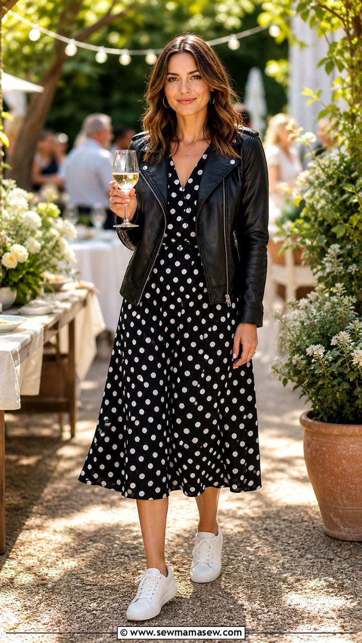Black Leather Jacket With Polka Dot Midi Dress - 40 casual leather jacket outfits