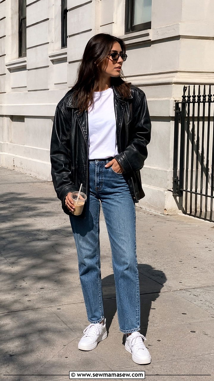 Black Leather Jacket With White Tee and Straight Leg Jeans - 30 casual model off duty outfits