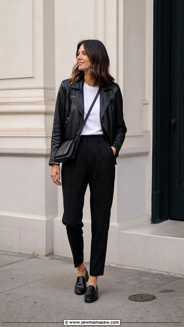 Black Leather Jacket and Tailored Trousers Office Look - 35 Minimalist work outfit ideas