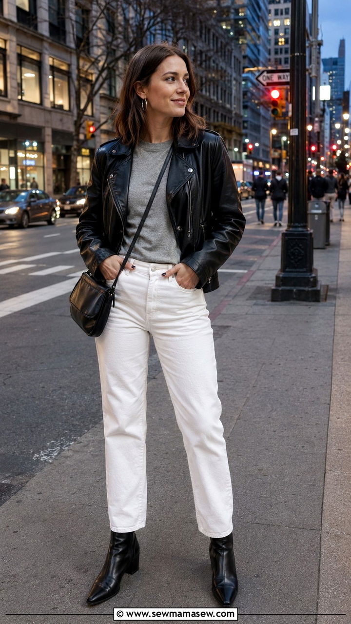 Black Leather Jacket and White Straight Leg Jeans Outfit - 30 minimalist capsule wardrobe outfits