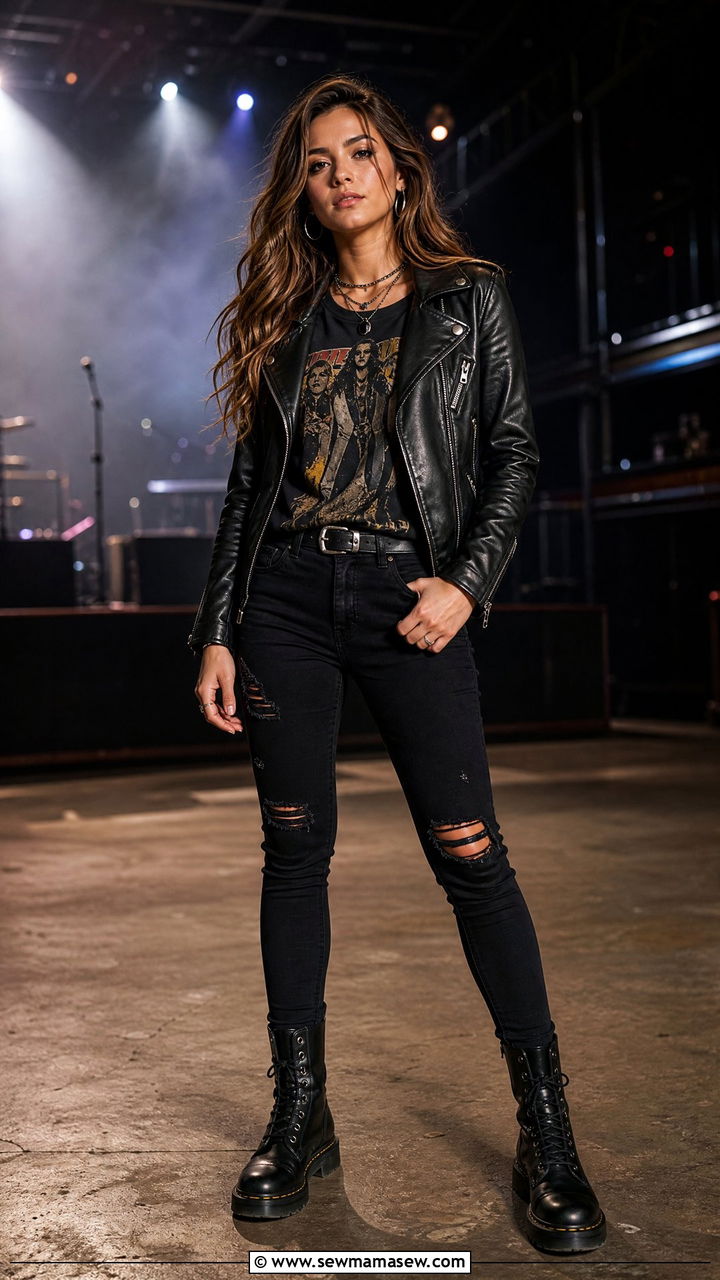 Black Leather Jacket with Band Tee and Ripped Black Jeans - 25 Leather jacket outfit ideas for concerts