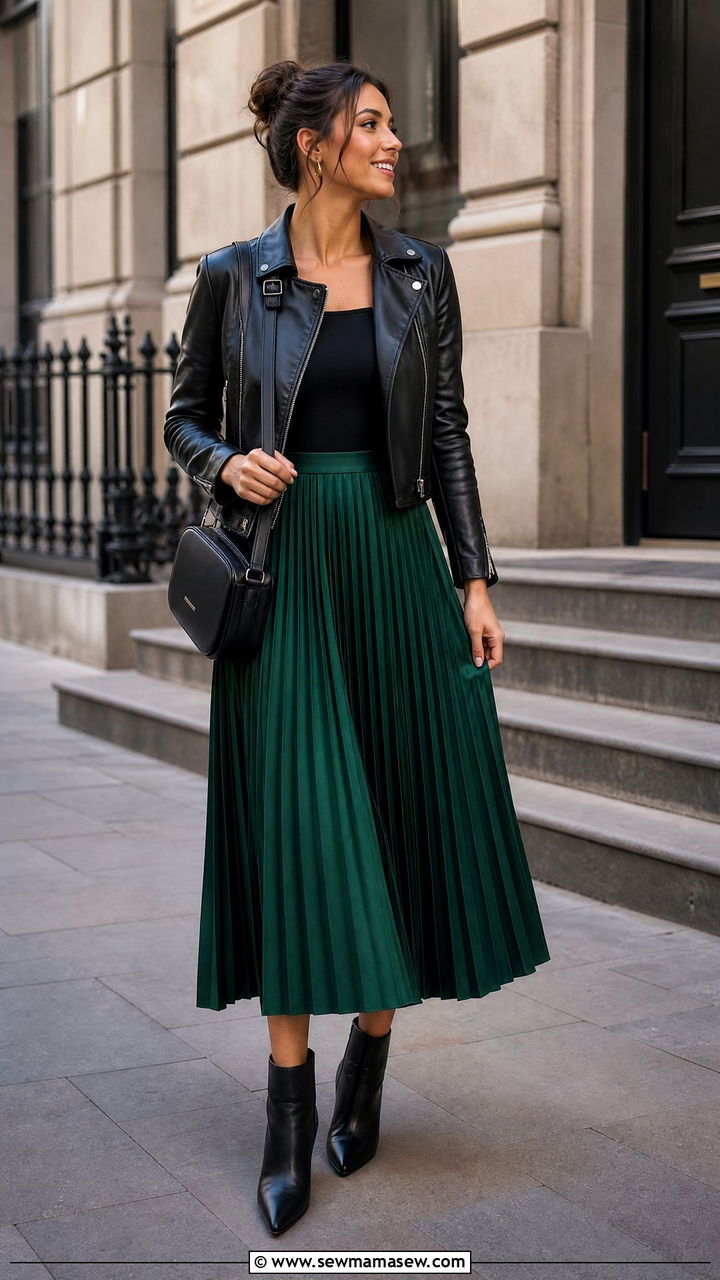 Black Leather Jacket with Emerald Skirt - 30 Emerald and black outfit ideas