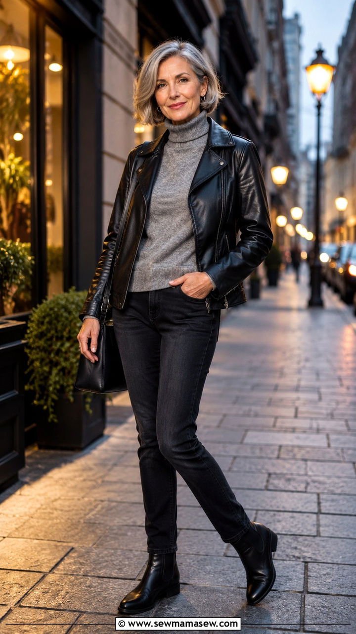 Black Leather Jacket with Grey Cashmere Turtleneck and Dark Jeans - 30 Capsule wardrobe women over 50