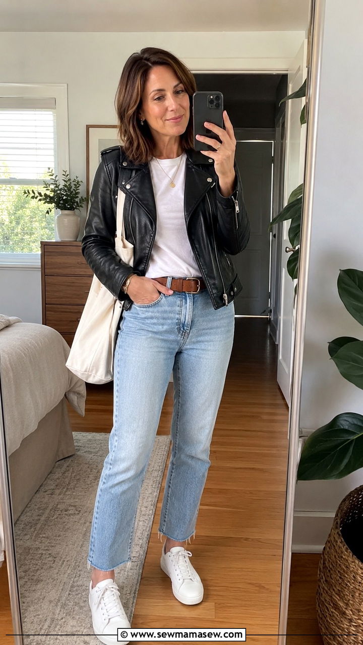 Black Leather Jacket with White Tee and Light Wash Jeans - 30 leather jacket outfits for women over 40