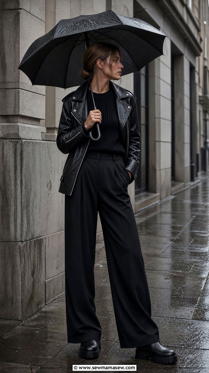 Black Leather Jacket with Wide Leg Trousers - 25 rainy day outfits aesthetic