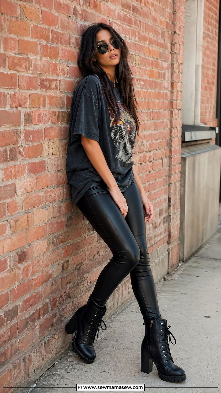 Black Leather Leggings With An Oversized Band Tee And Heeled Combat Boots - 35 Concert outfits for tall women
