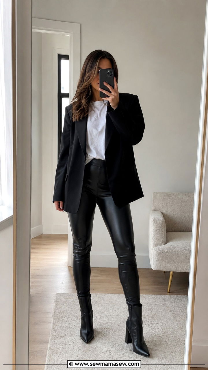 Black Leather Leggings With Ankle Boots and an Oversized Blazer - 30 Leather pants outfit ideas with boots