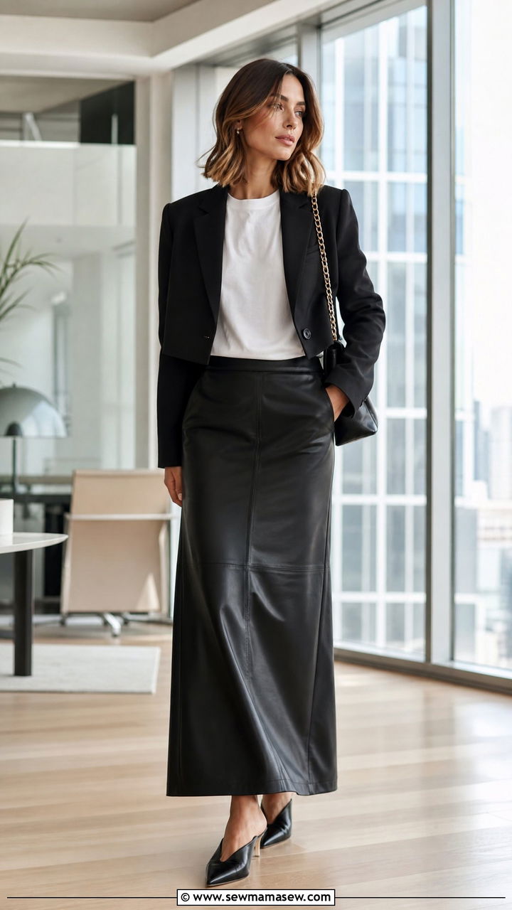 Black Leather Maxi Skirt With Blazer - 25 Leather skirt outfit ideas for work