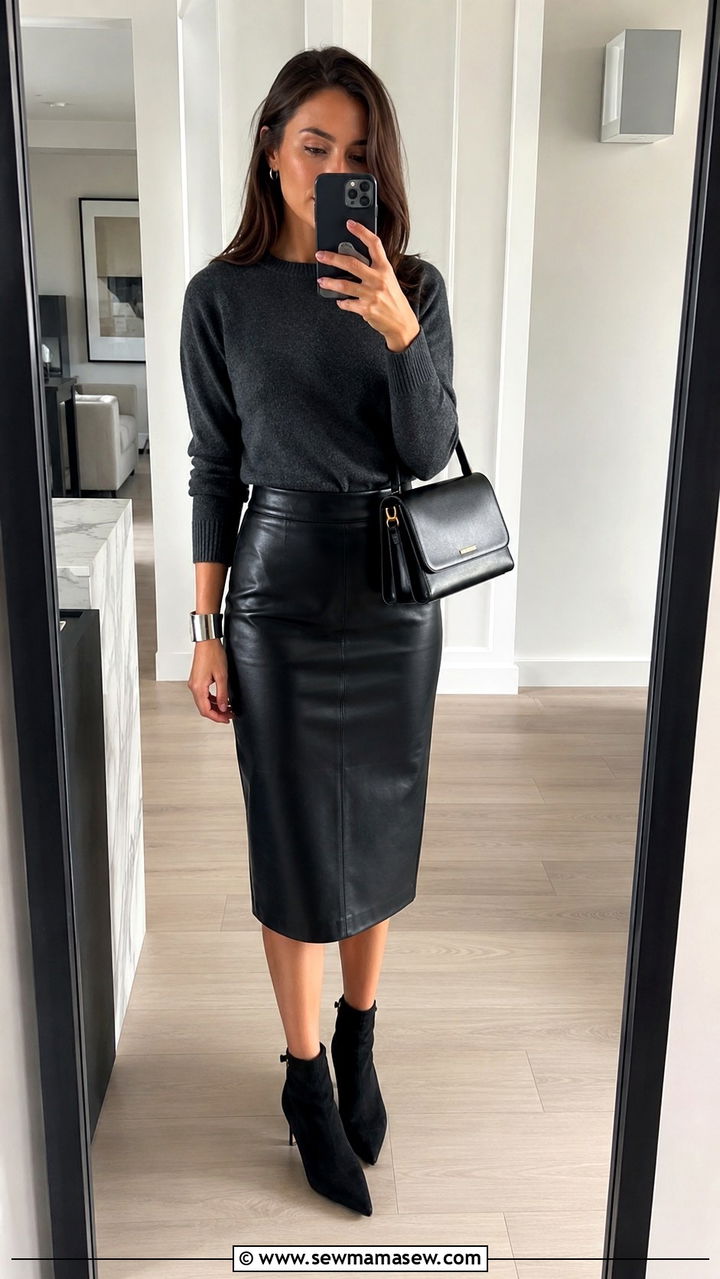 Black Leather Midi Pencil Skirt With A Charcoal Cashmere Sweater And Ankle Boots - 30 Parisian work outfits