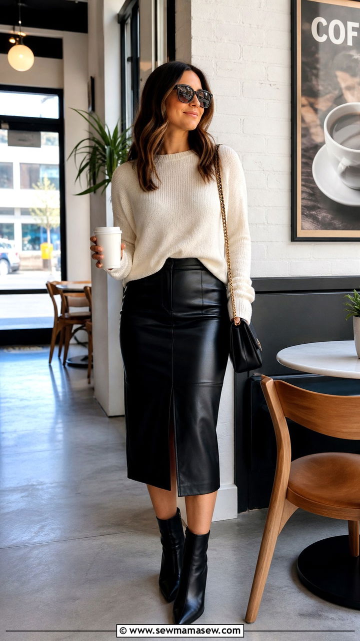 Black Leather Midi Skirt With Lightweight Sweater Brunch Outfit - 40 brunch outfits