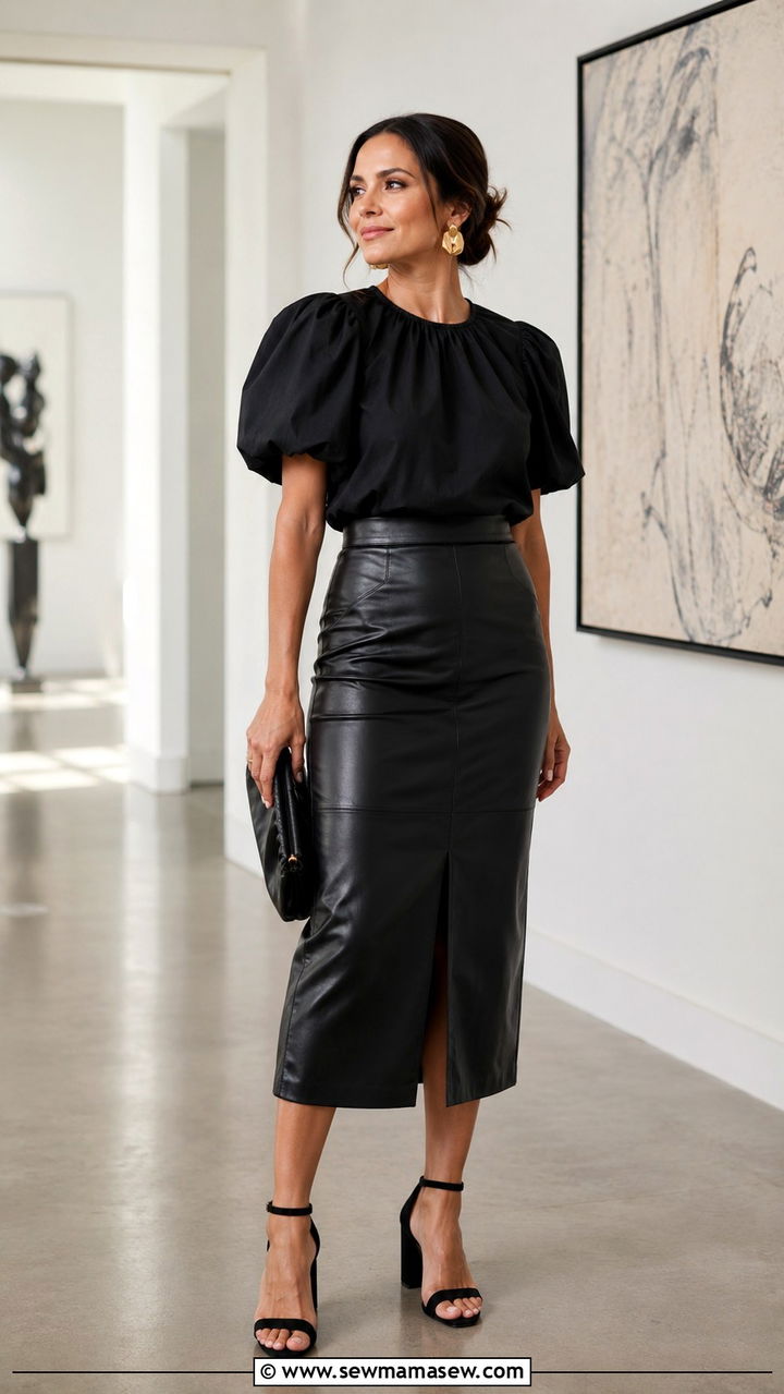 Black Leather Midi Skirt With Puff Sleeve Top And Block Heel Sandals - 30 Leather skirt outfit ideas with heels