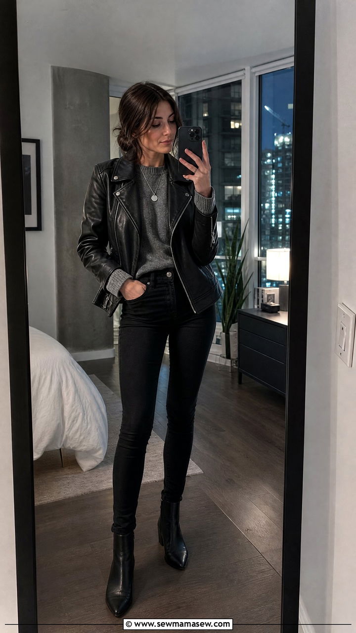 Black Leather Moto Jacket Gray Merino Sweater And Black Skinny Jeans - 30 Cool tone outfit ideas