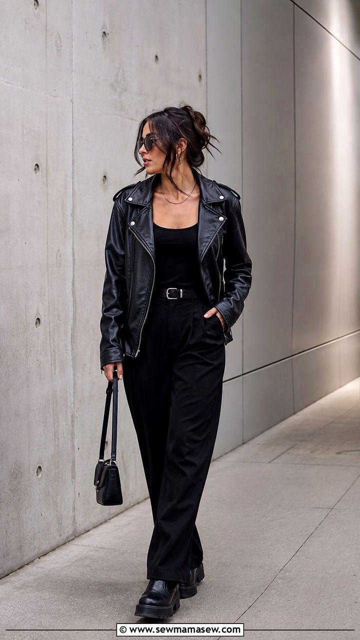 Black Leather Moto Jacket with All Black Outfit and Platform Boots - 30 casual grunge outfits