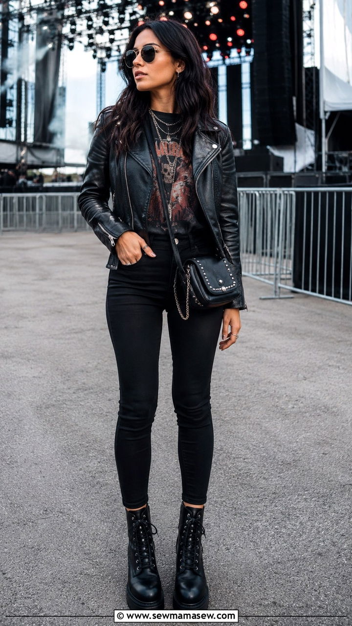 Black Leather Moto Jacket with Band Tee and Skinny Jeans - 30 Outdoor concert outfit ideas