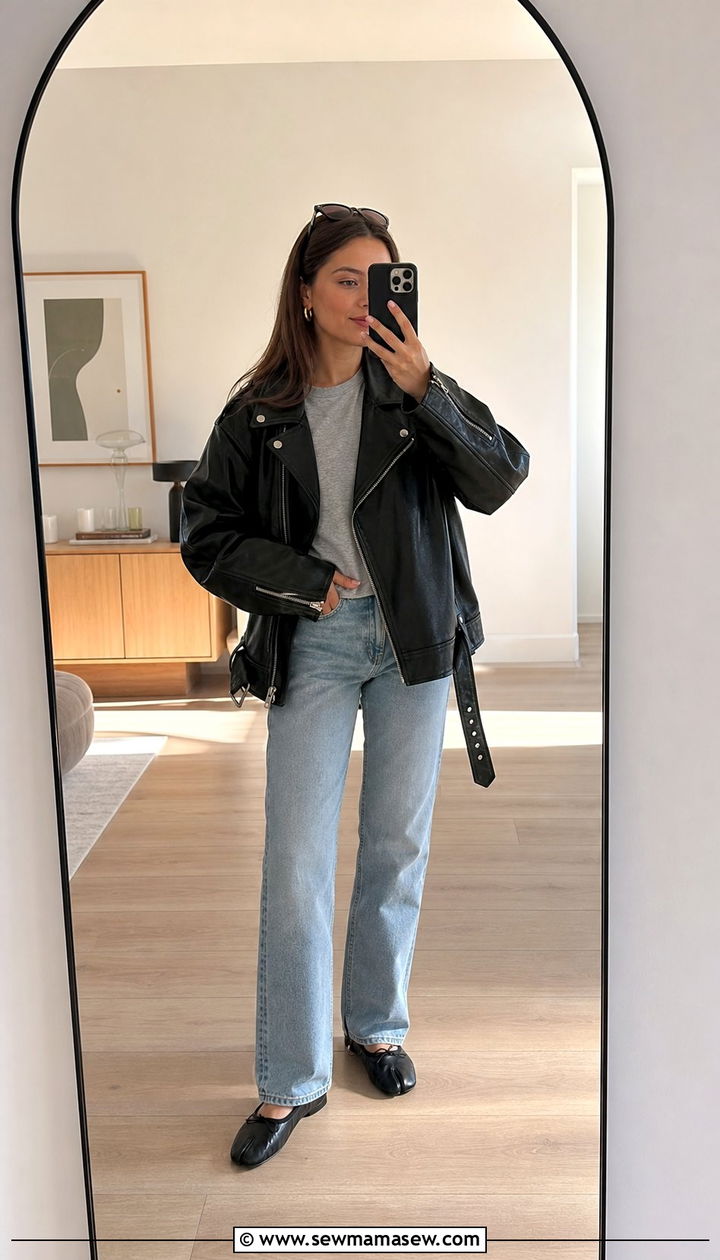 Black Leather Moto Jacket with Faded Jeans and Leather Glove Flats - 25 spring model off duty outfit ideas