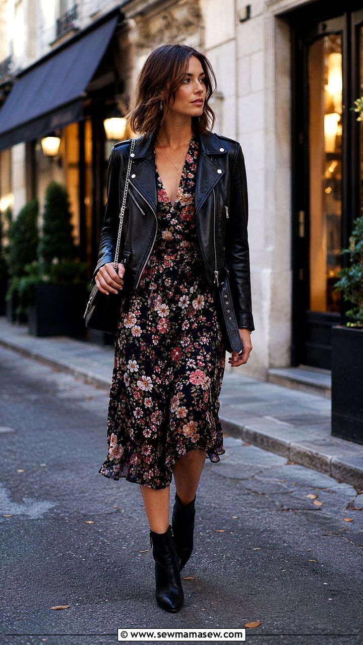 Black Leather Moto Jacket with Floral Midi Dress and Ankle Boots - 30 Parisian street style outfit ideas