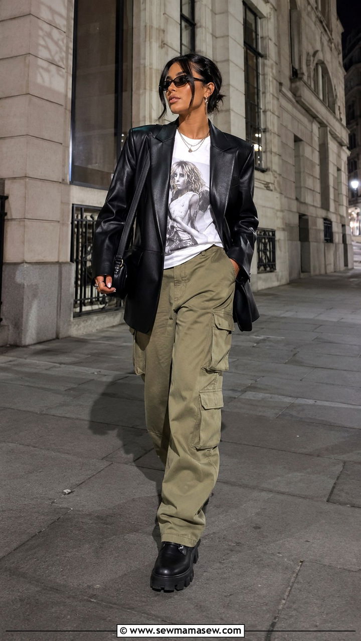 Black Leather Oversized Blazer With Graphic Tee and Cargo Pants - 30 Oversized blazer outfit ideas with a t-shirt