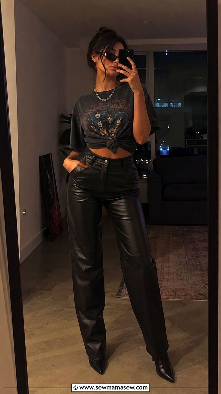 Black Leather Pants And Vintage Band Tee Outfit - 25 90s outfits inspo