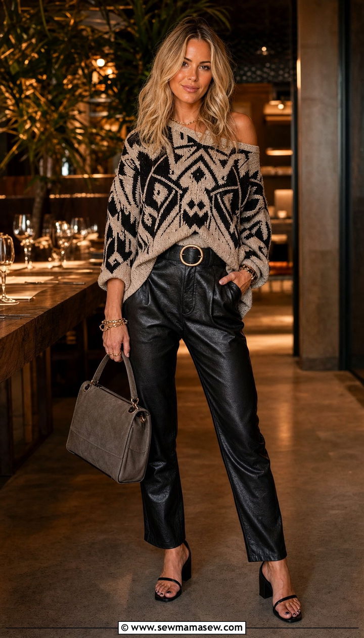 Black Leather Pants With Boho Knit Sweater And Block Heels - 25 Sienna Miller boho outfit ideas