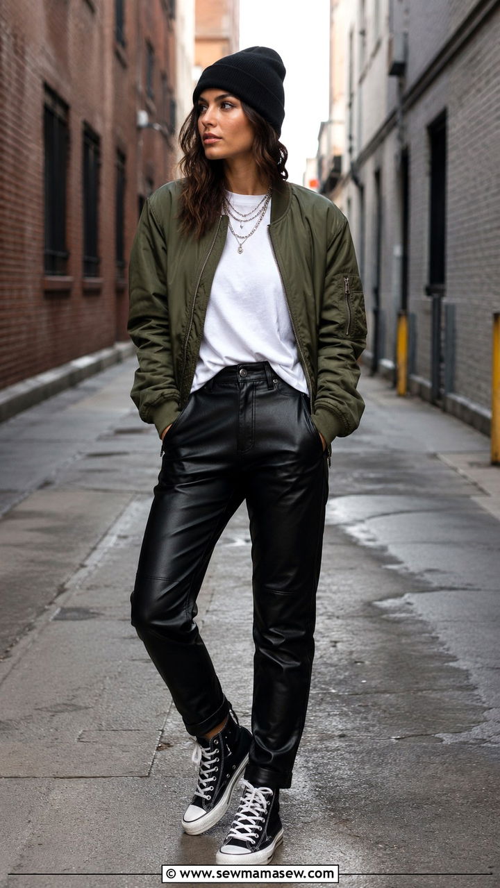 Black Leather Pants With Bomber Jacket and High Top Sneakers - 30 Leather pants outfit ideas with sneakers