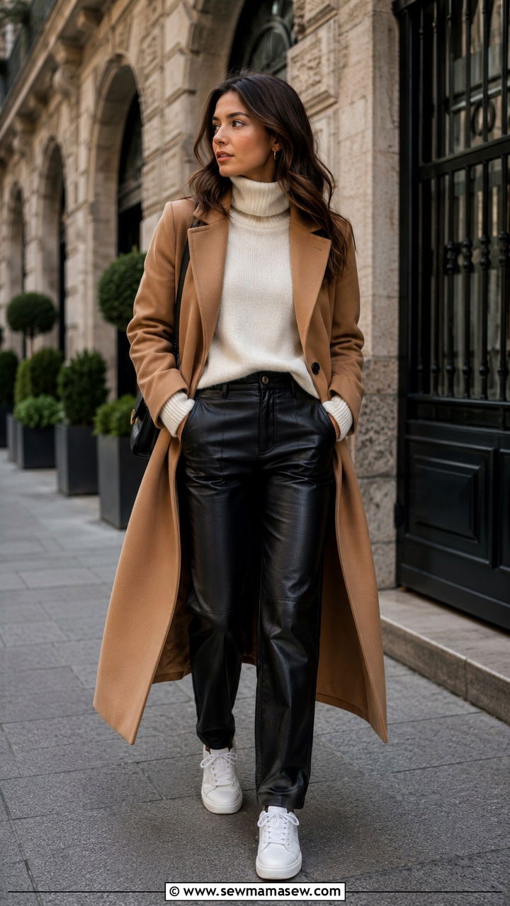 Black Leather Pants With Camel Coat and White Sneakers - 30 Leather pants outfit ideas with sneakers
