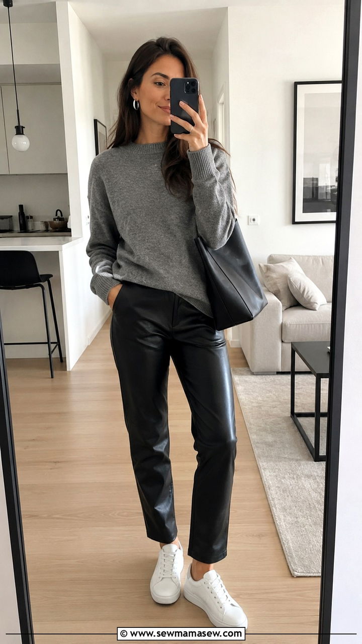 Black Leather Pants With Gray Marl Sweater and White Sneakers - 30 Leather pants outfit ideas with sneakers