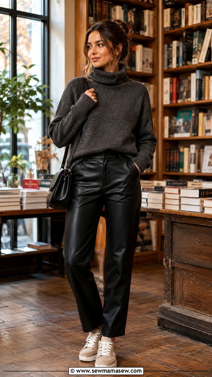 Black Leather Pants With Gray Turtleneck and Beige Sneakers - 30 Leather pants outfit ideas with sneakers