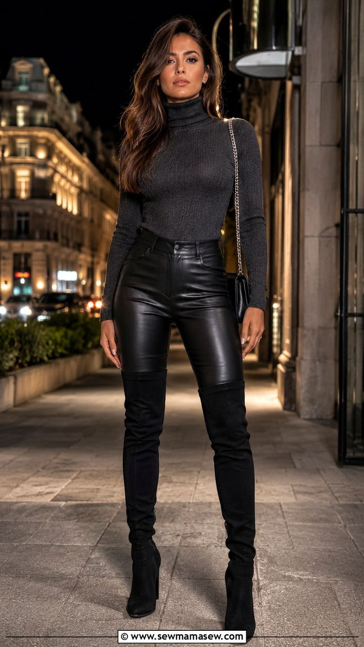 Black Leather Pants With Over the Knee Boots and a Fitted Turtleneck - 30 Leather pants outfit ideas with boots