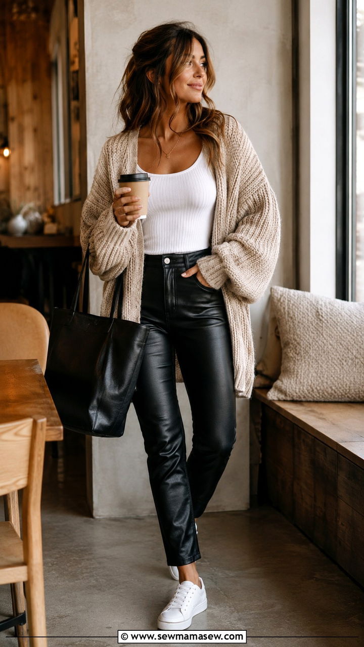 Black Leather Pants With Oversized Cardigan and White Sneakers - 30 Leather pants outfit ideas with sneakers