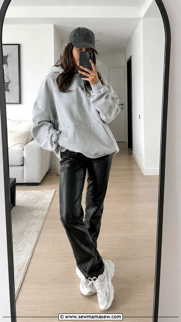 Black Leather Pants With Oversized Hoodie and Chunky Sneakers - 30 Leather pants outfit ideas with sneakers
