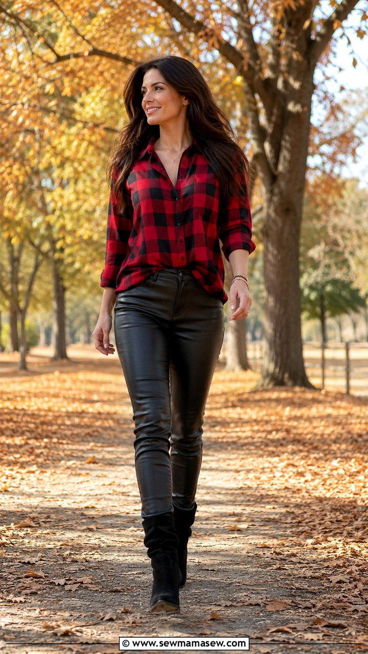 Black Leather Pants With Slouchy Boots and a Plaid Flannel - 30 Leather pants outfit ideas with boots