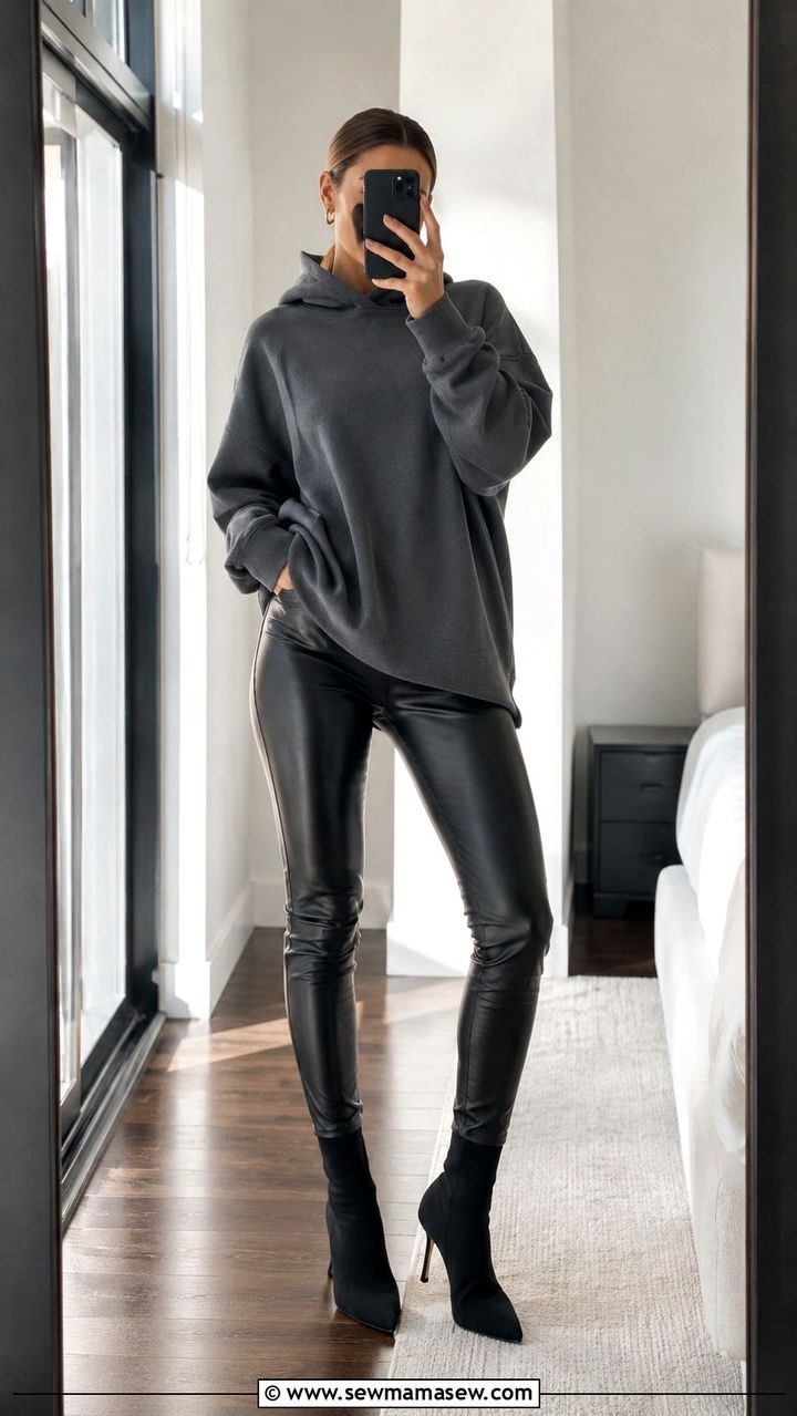Black Leather Pants With Sock Boots and an Oversized Hoodie - 30 Leather pants outfit ideas with boots