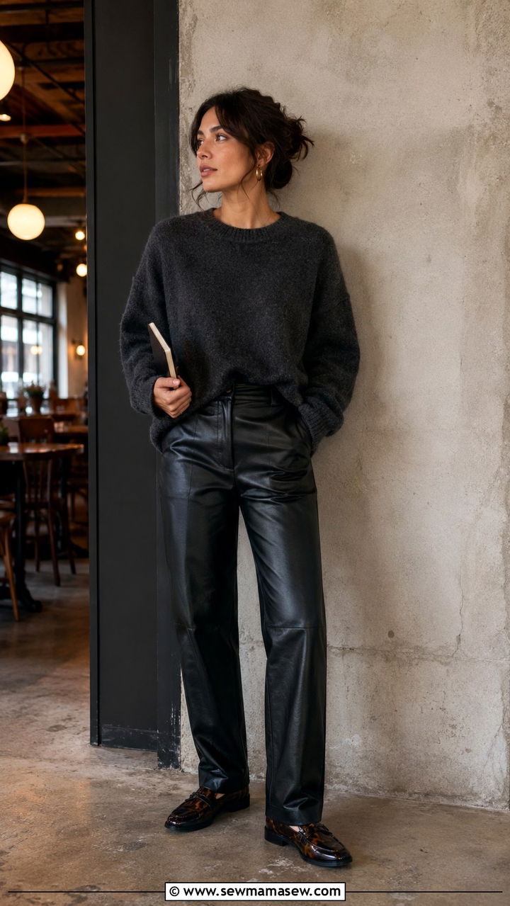 Black Leather Pants With an Oversized Charcoal Sweater - 20 dark academia outfits to copy