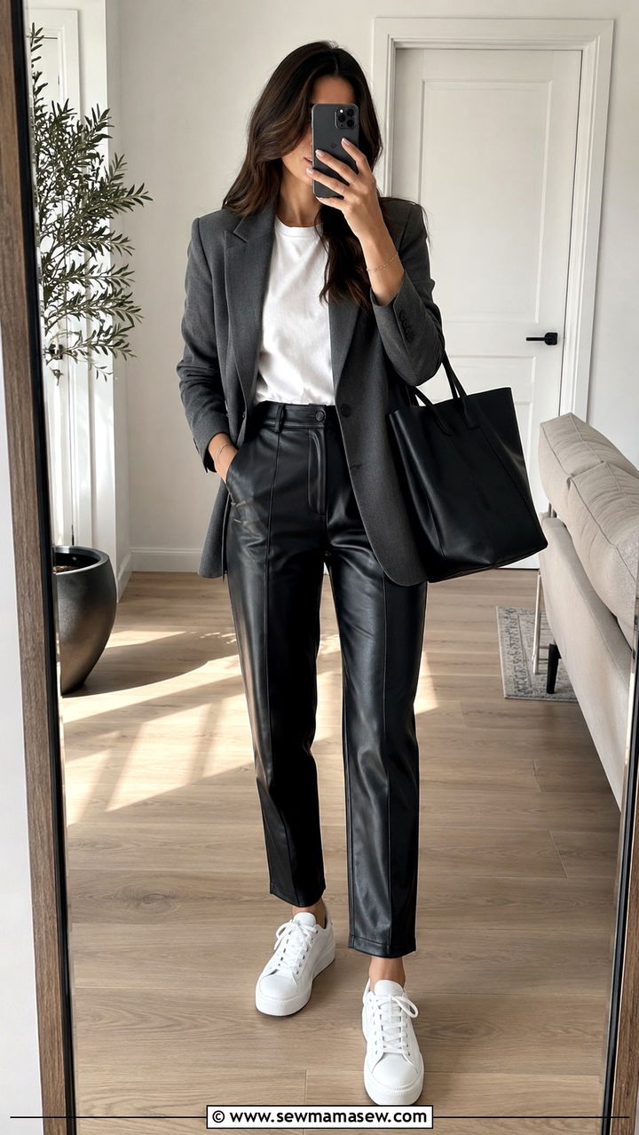 Black Leather Pants with Grey Blazer Outfit - 30 Leather pants outfit ideas with a blazer