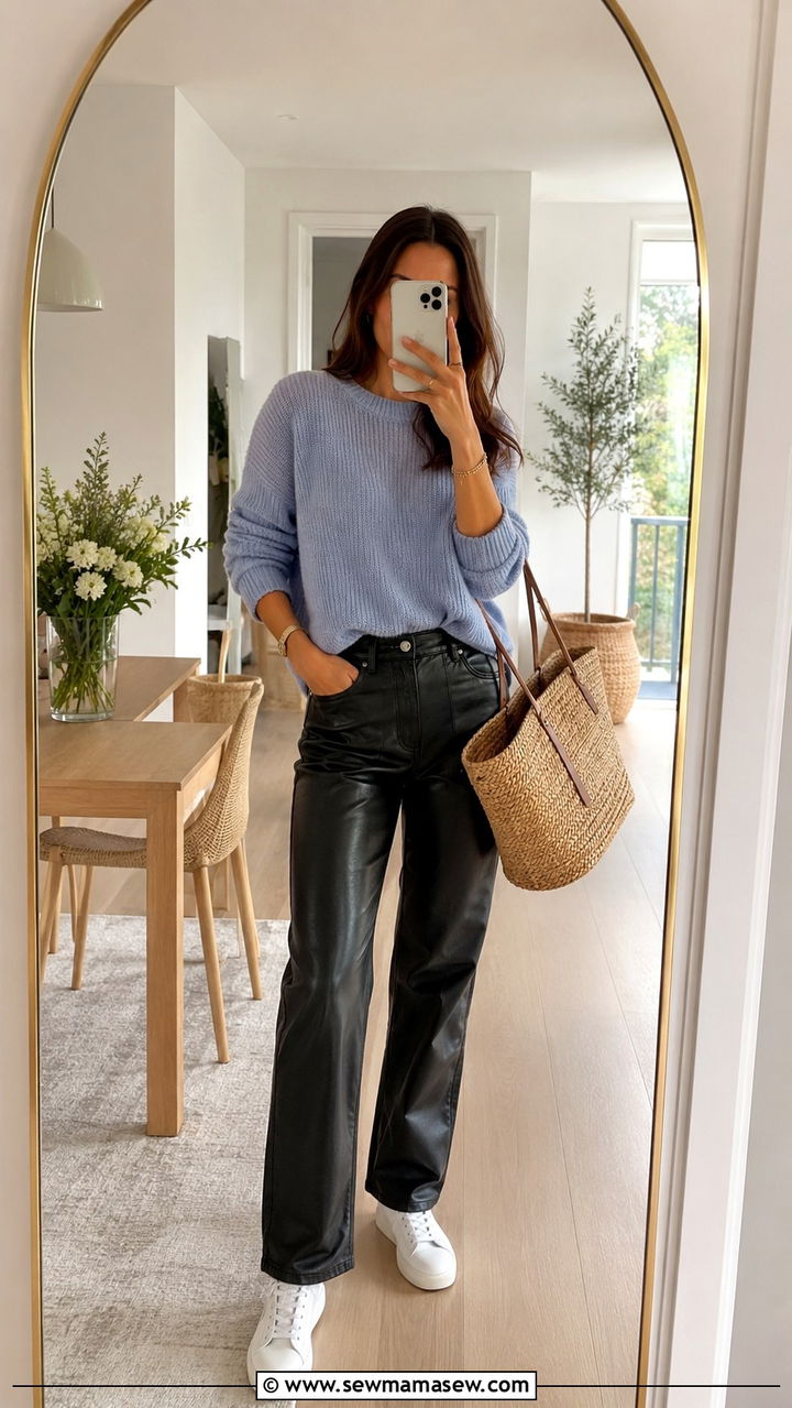 Black Leather Straight Leg Pants and Lightweight Knit Sweater Outfit - 30 Spring leather outfits