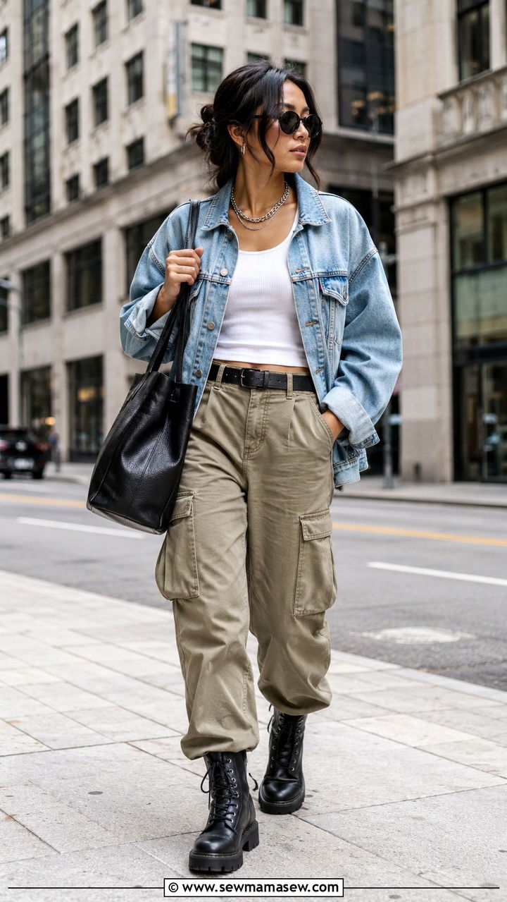 Black Leather Tote With Utility Pants - 20 Tote bag outfit ideas 2026