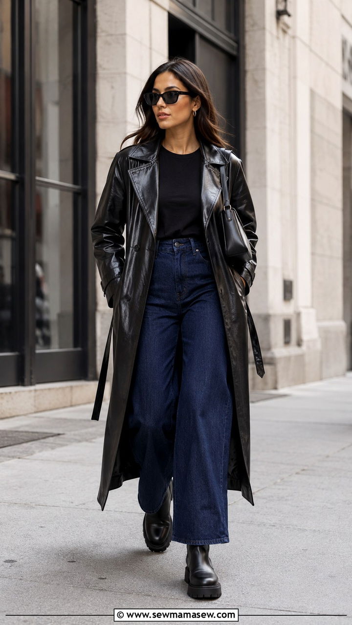 Black Leather Trench Coat With Dark Wide Leg Jeans - 30 Long trench coat outfit ideas with wide leg pants