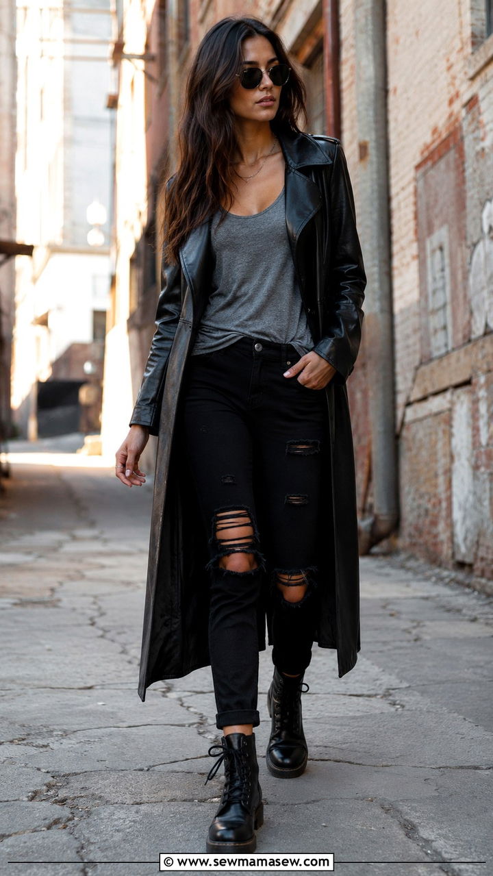 Black Leather Trench Coat With Ripped Black Jeans And Combat Boots - 25 Black jeans outfit ideas with a trench coat