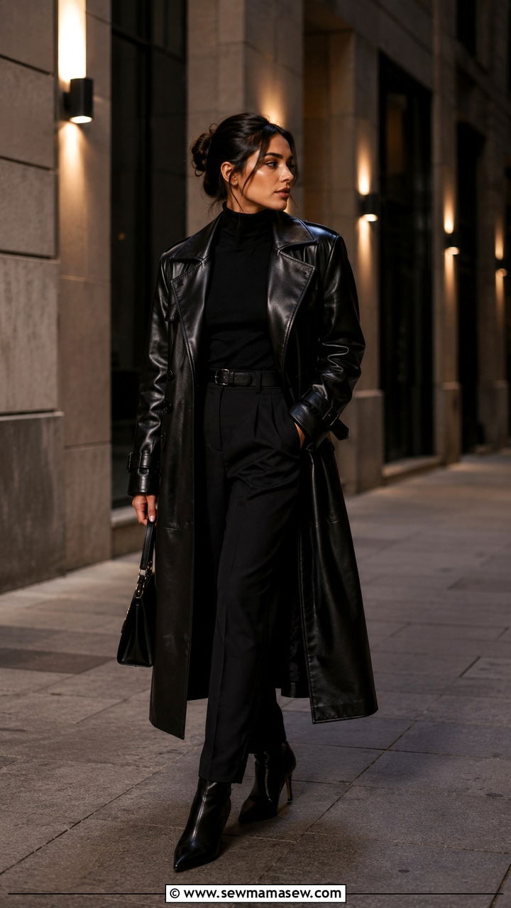 Black Leather Trench Coat with All Black Ensemble - 30 trench coat outfits inspo