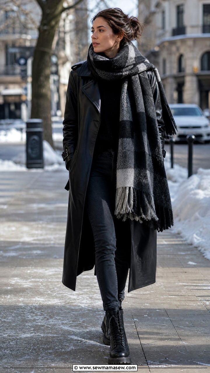 Black Leather Trench With An Oversized Scarf And Slim Jeans - 35 How to style a trench coat