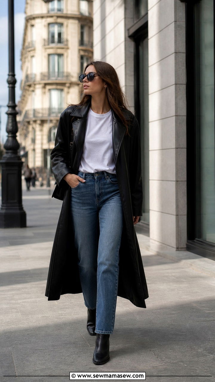 Black Leather Trench With a White Tee and Straight Jeans - 40 Paris outfit ideas