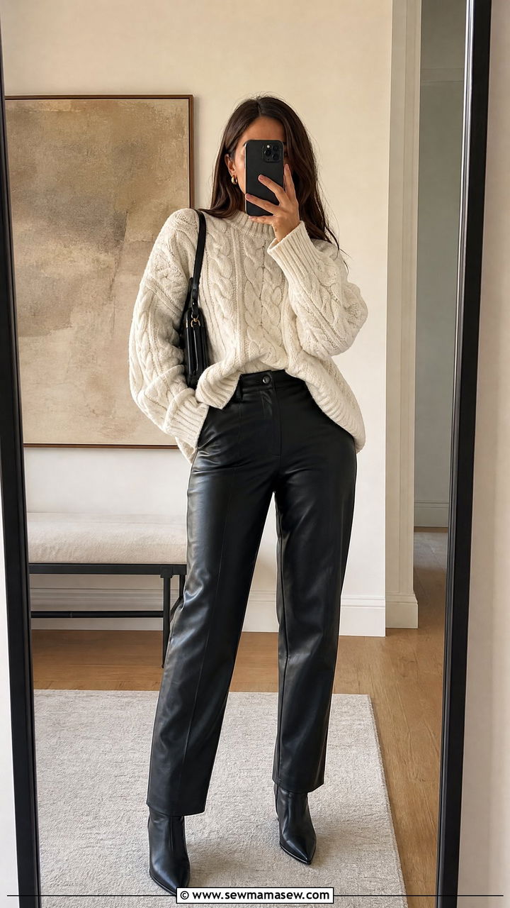 Black Leather Trousers With Cream Oversized Knit - 35 Minimalist work outfits