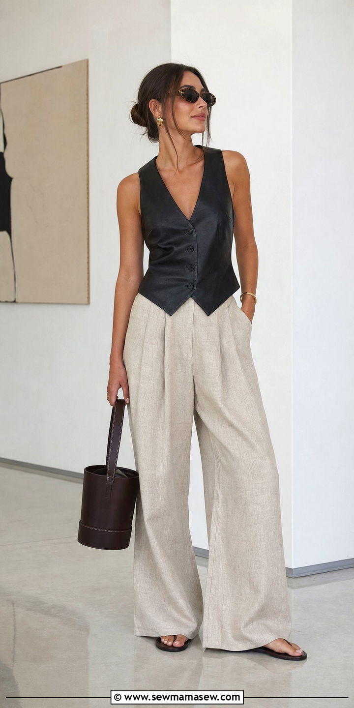 Black Leather Vest with Wide Leg Linen Trousers - 25 Summer leather outfits