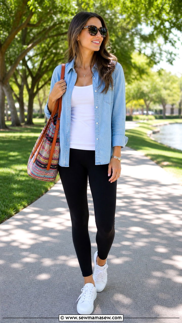 Black Leggings And Chambray Button Down - 40 Road trip outfit ideas