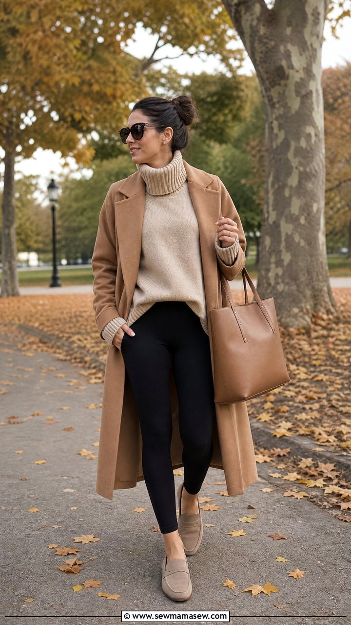 Black Leggings With Oversized Turtleneck And Suede Loafers - 25 Business casual outfits with loafers