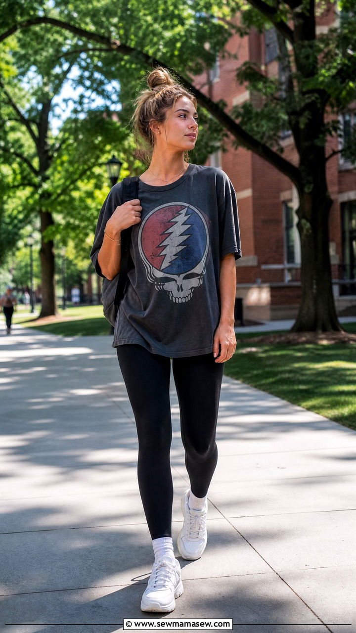 Black Leggings and Oversized Band Tee With White Trainers - 25 Gym outfit ideas school