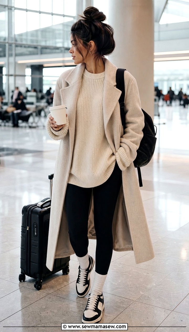 Black Leggings with Chunky Knit Sweater - 25 Clean girl outfit ideas for airport