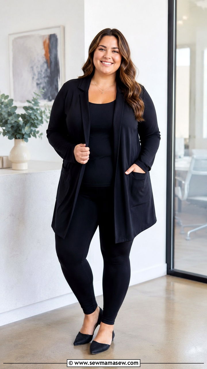 Black Leggings with Nursing Tank and Blazer Style Cardigan - 25 Plus size nursing outfit ideas