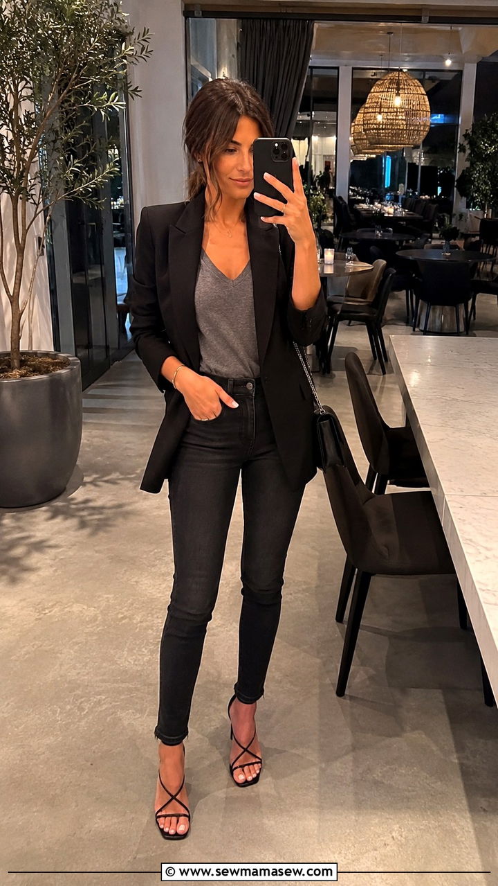Black Linen Blazer With Skinny Jeans And Strappy Heels - 30 Linen blazer outfit ideas with heels