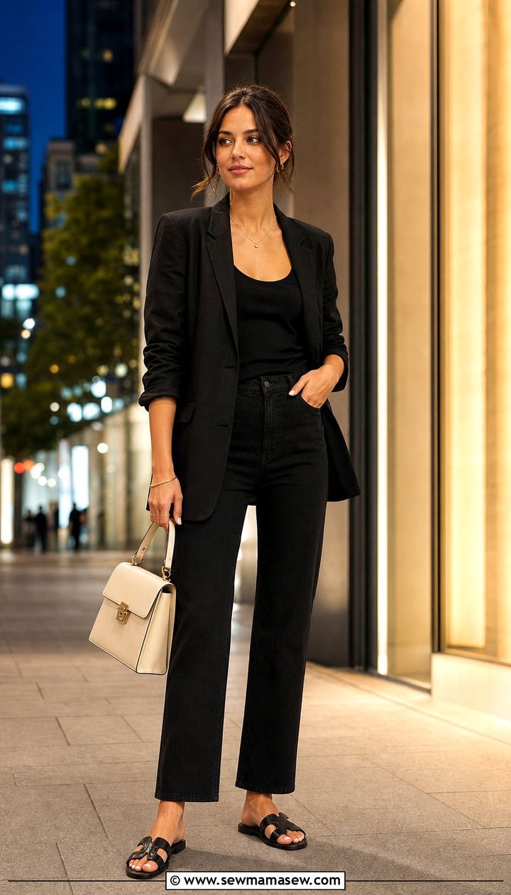 Black Linen Blazer with Black Straight Leg Jeans - 25 summer linen blazer outfit ideas